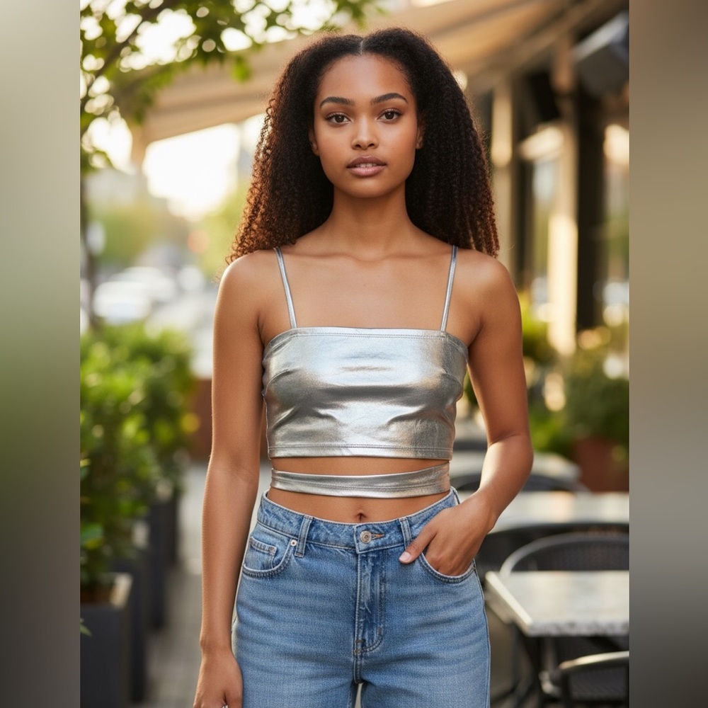 Metallic Silver Strappy Crop Top - Women new with tags - Picture 10 of 10